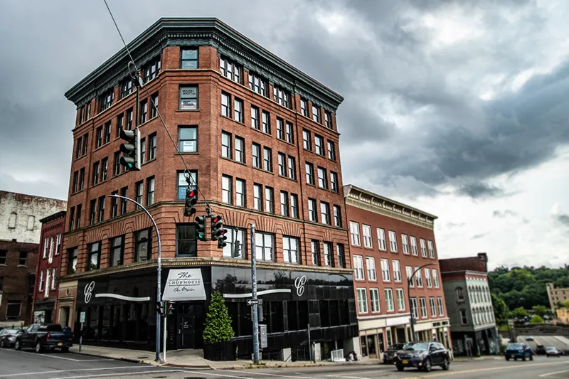 Street view of building corner exterior